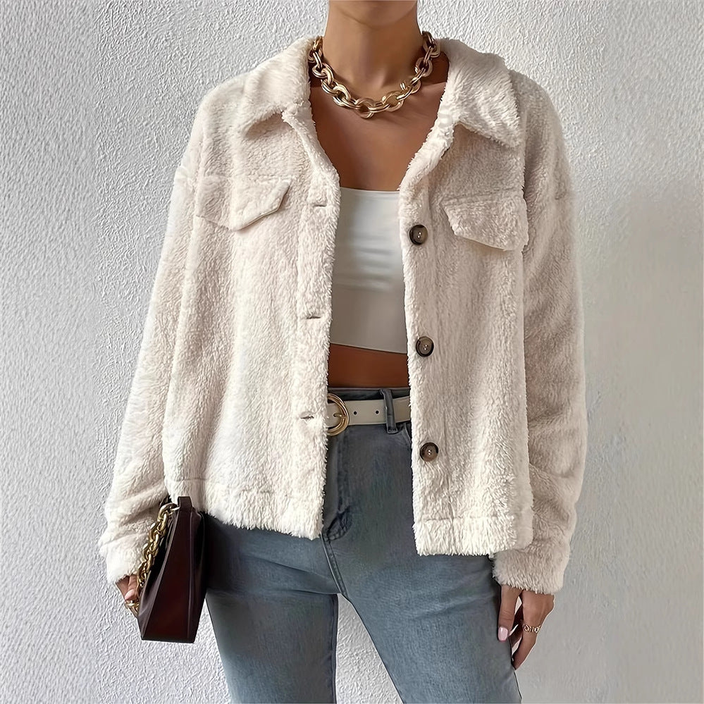 Women Autumn Coat Short Single-Breasted With Lapel Collar And Long Sleeves