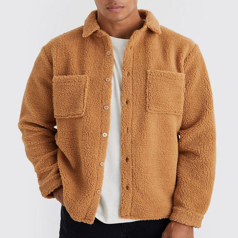Men Spring Autumn Jacket Woven Loose Fit With Polo Collar Button Front And Side Pockets