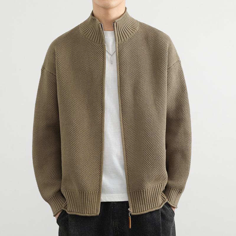 Men Autumn Cardigan Knitted With Zipper Front Stand Collar And Loose Fit