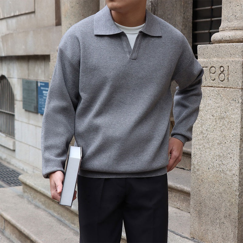 Men Spring Autumn Sweater Slim Fit V-Neck Polo Style With Long Sleeves