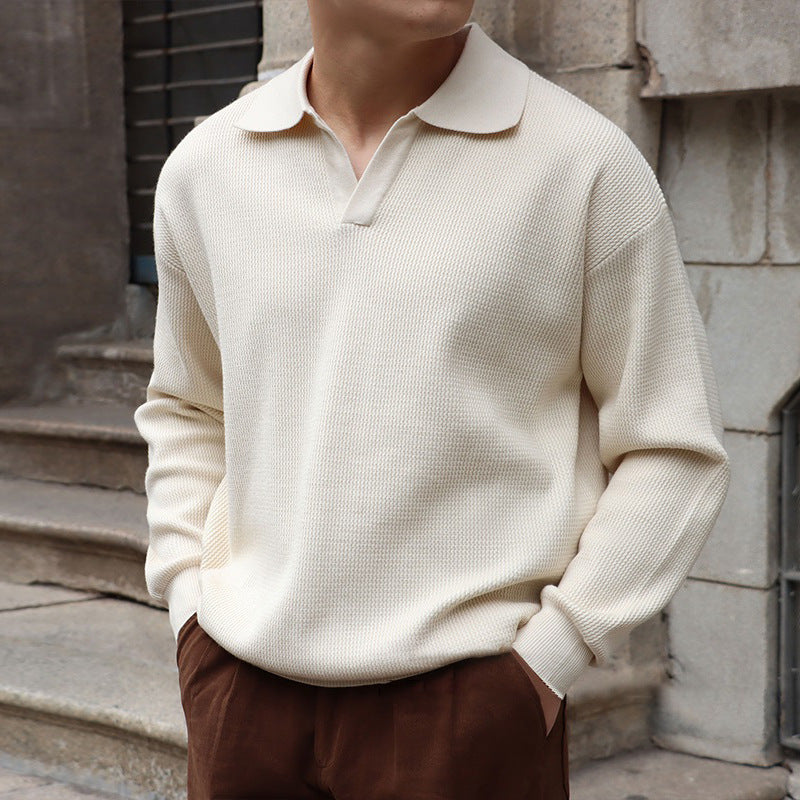 Men Spring Autumn Sweater Slim Fit V-Neck Polo Style With Long Sleeves