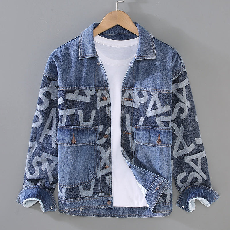 Men Autumn Winter Jacket Heavyweight Washed Denim With Baggy Fit And Stitching Details