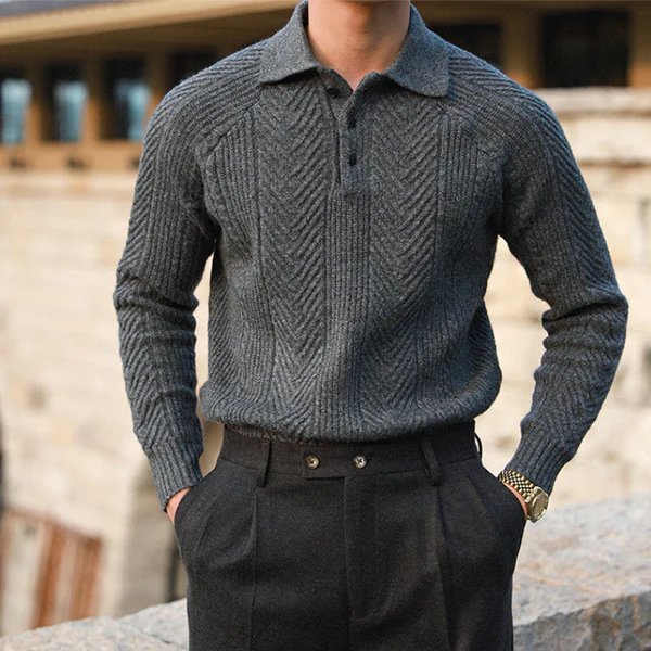Men Winter Sweater Textured Knit With Button-Down Collar And Long Sleeves