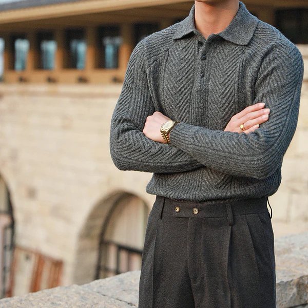 Men Winter Sweater Textured Knit With Button-Down Collar And Long Sleeves