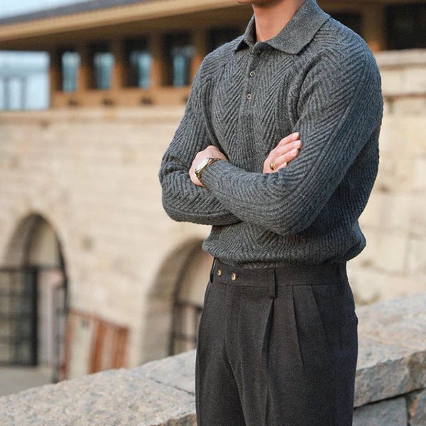 Men Winter Sweater Textured Knit With Button-Down Collar And Long Sleeves