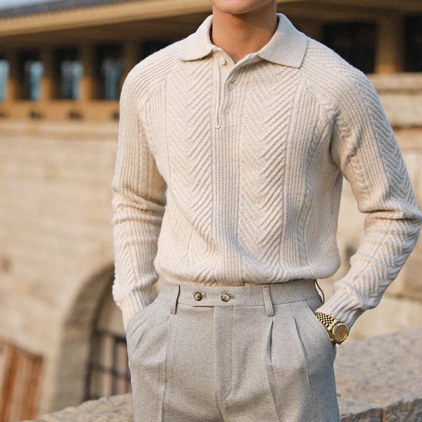 Men Winter Sweater Textured Knit With Button-Down Collar And Long Sleeves