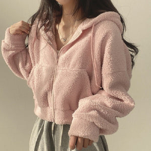 Women Autumn Winter Pullover Hooded With Lamb Wool Texture And Loose Fit