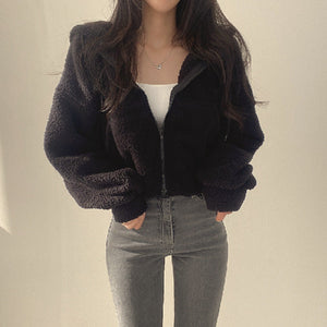 Women Autumn Winter Pullover Hooded With Lamb Wool Texture And Loose Fit