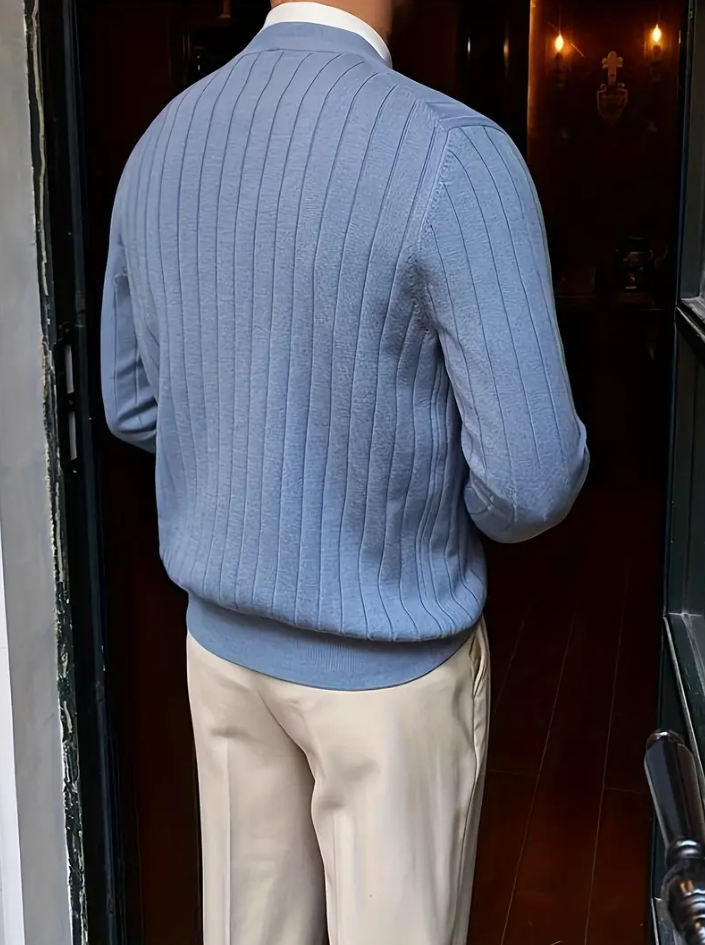 Men's V-Neck Long Sleeve Sweater Solid Color Mid-Weight Knit With Ribbed Cuffs Hem