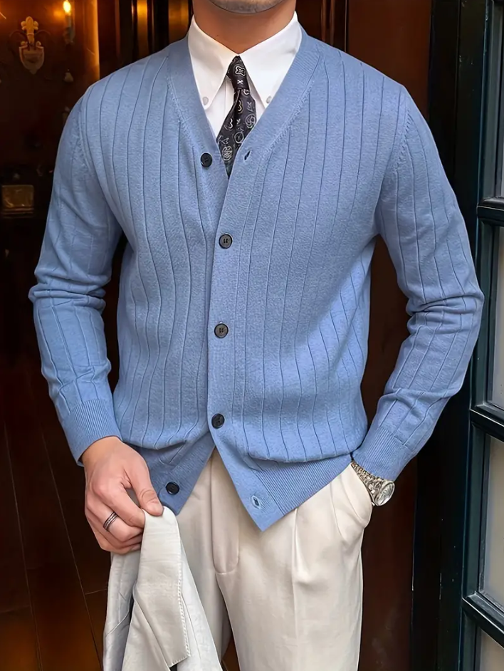 Men's V-Neck Long Sleeve Sweater Solid Color Mid-Weight Knit With Ribbed Cuffs Hem
